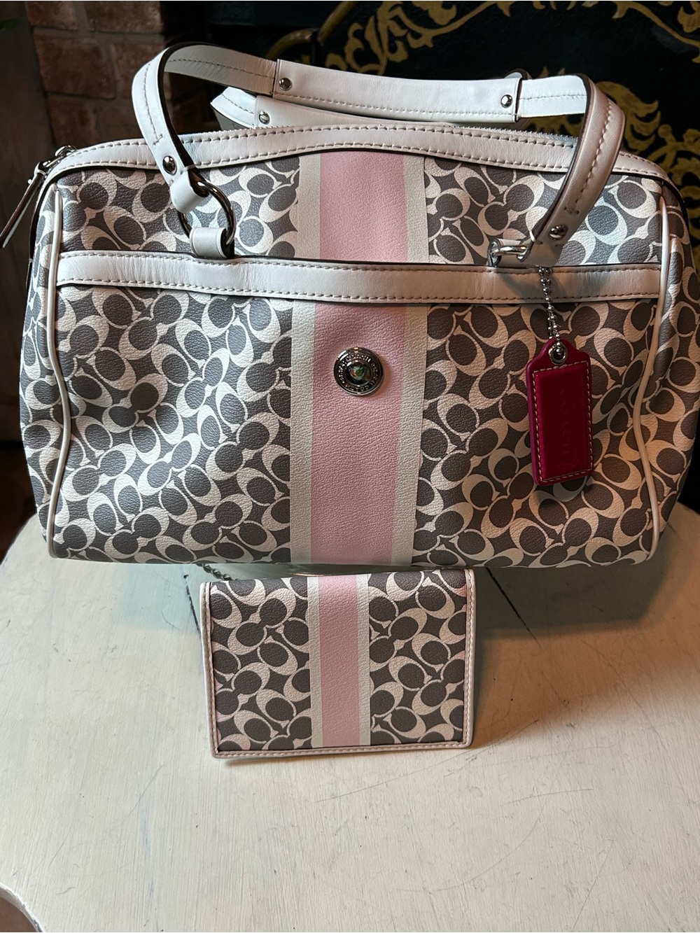 COACH Chelsea Heritage Stripe Satchel & Slim Wallet Pink Gray Vintage F15132